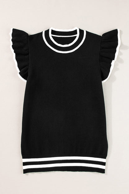 Black Edge Piping Ruffled Sleeve Round Neck Knit T Shirt