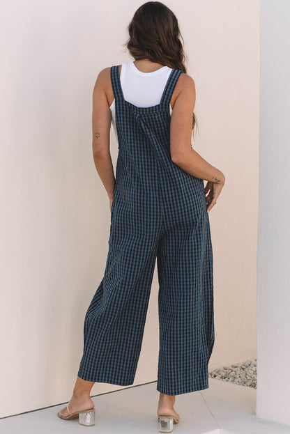 Sail Blue Plaid Print Buttoned Pocketed High Waist Overall