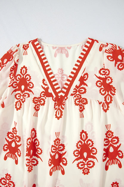 Orange Vintage Geometric Printed 3/4 Sleeve V Neck Blouse