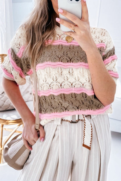 Brown Stripe Color Block Hollow Out Crochet Half Sleeve Sweater